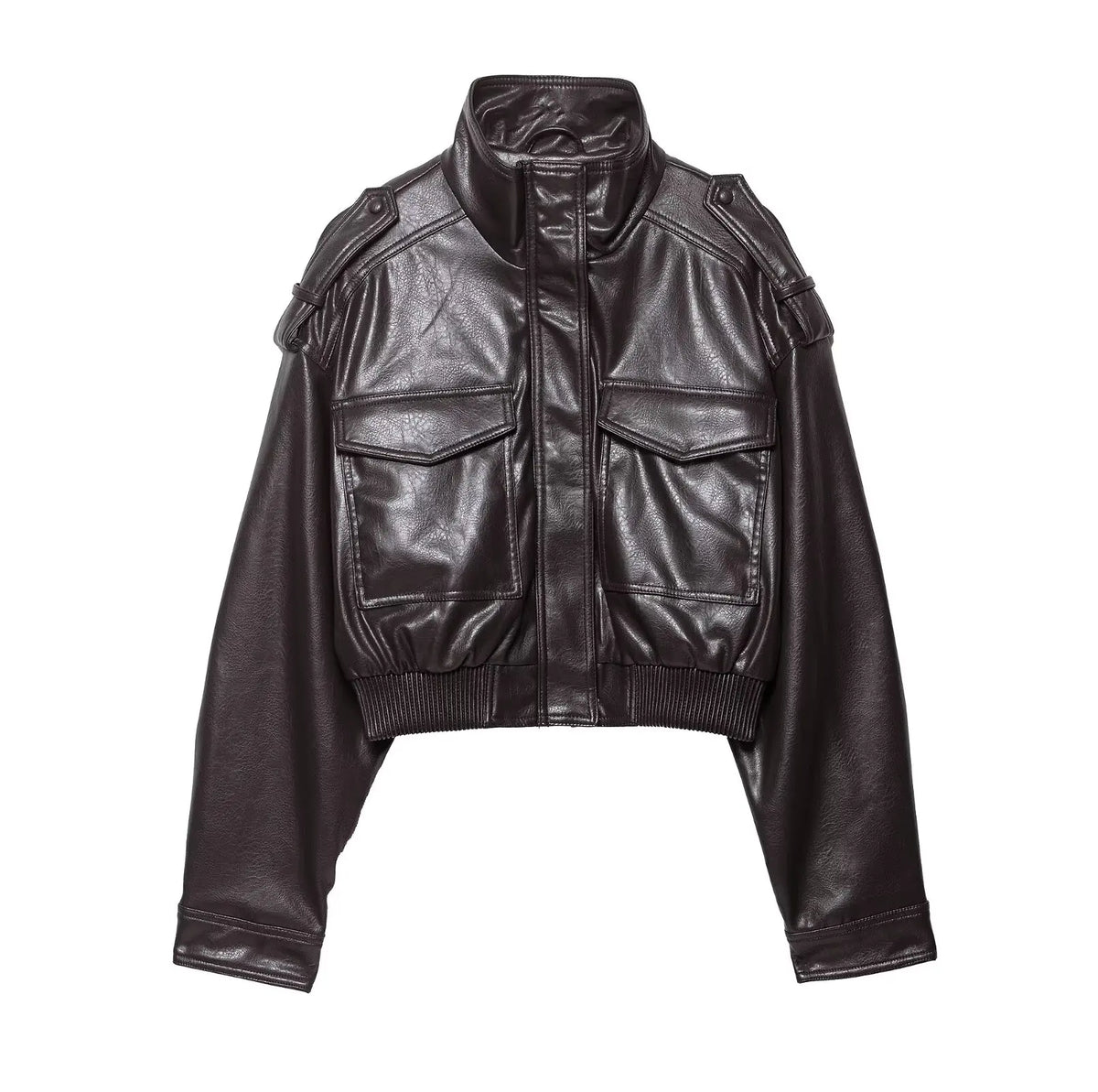 Classic Cropped Faux Leather Utility Jacket in Dark Brown