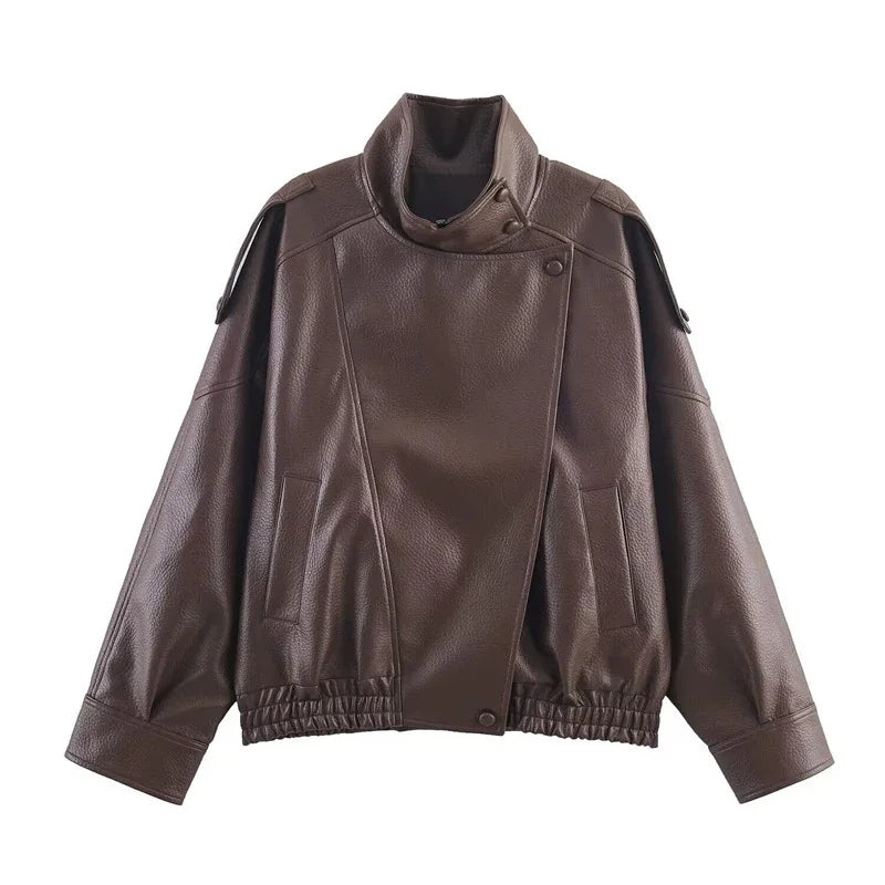 Signature Oversized Faux Leather Moto Jacket in Brown