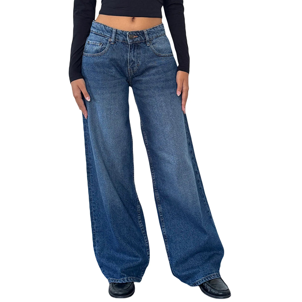 Classic Low Rise Baggy Wide Leg Jeans in Medium Blue