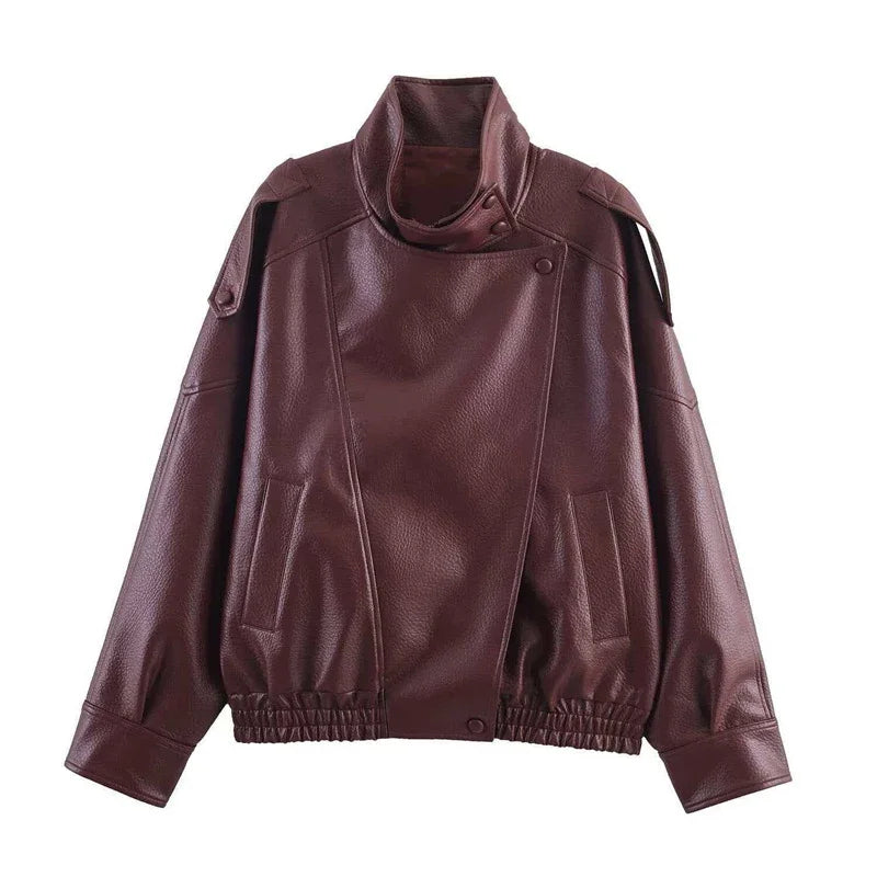 Signature Oversized Faux Leather Moto Jacket in Burgundy