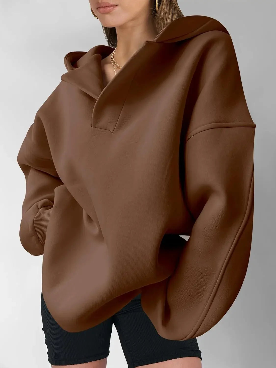 Signature Oversized Notch Neck Fleece Hoodie in Brown – view 7
