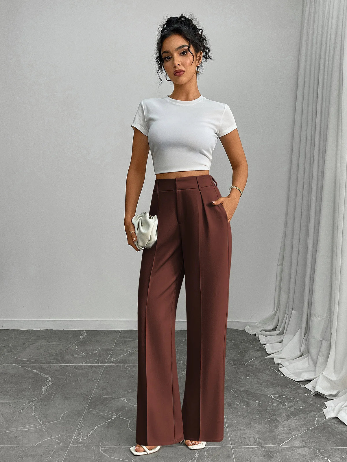 Pleat-Front Palazzo Trousers in Mahogany – view 7