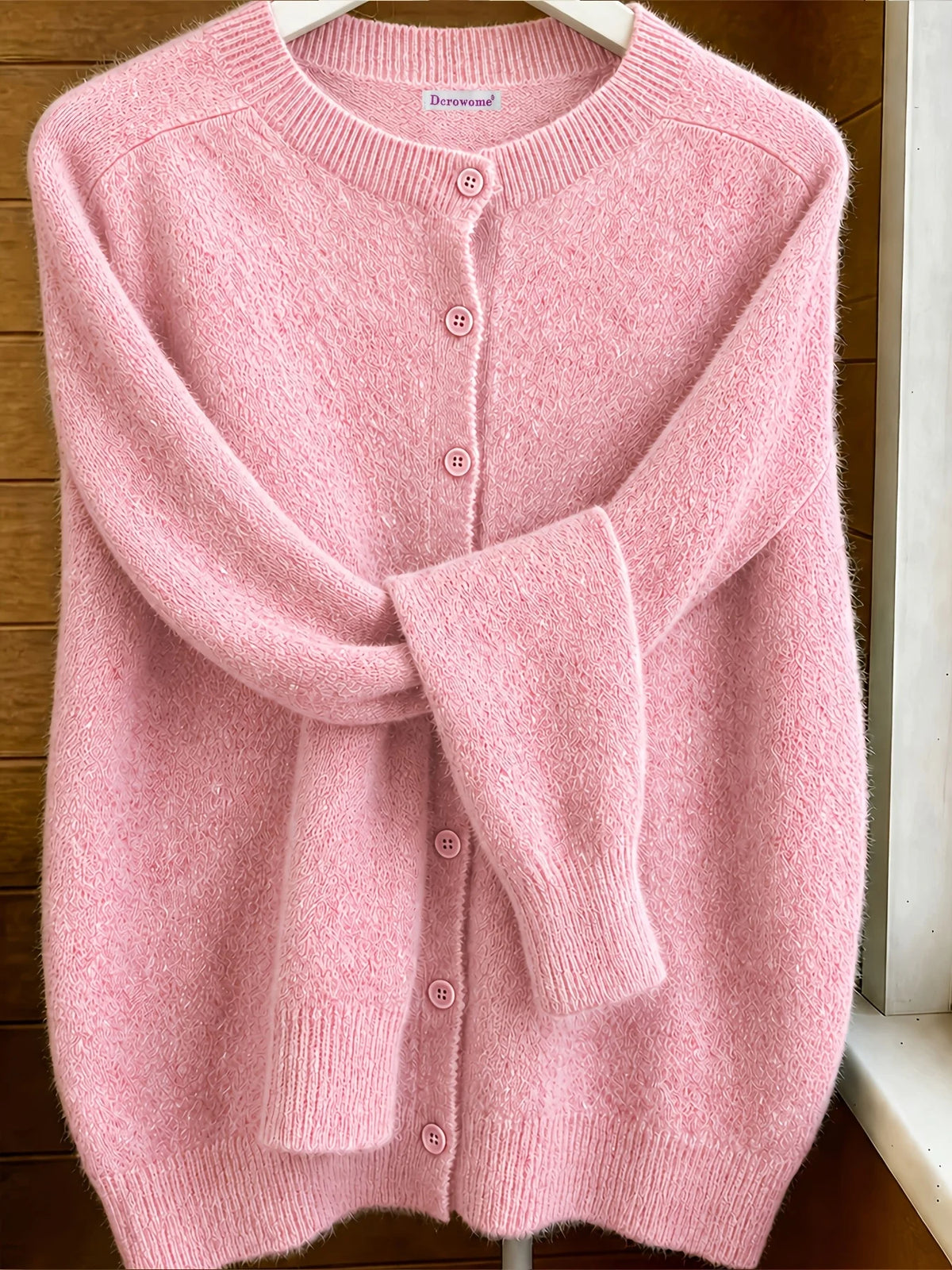 Classic Soft Knit Crew Neck Button Cardigan in Pink – view 2