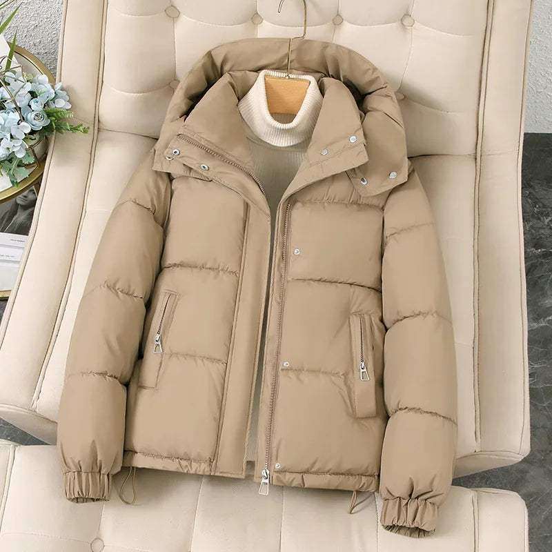 Classic Cropped Hooded Puffer Jacket in Khaki