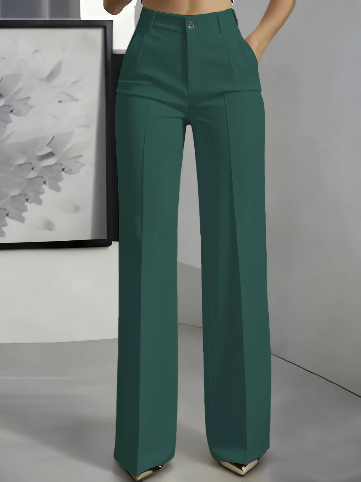 Essential High Waist Tailored Straight Leg Trousers in Forest Green