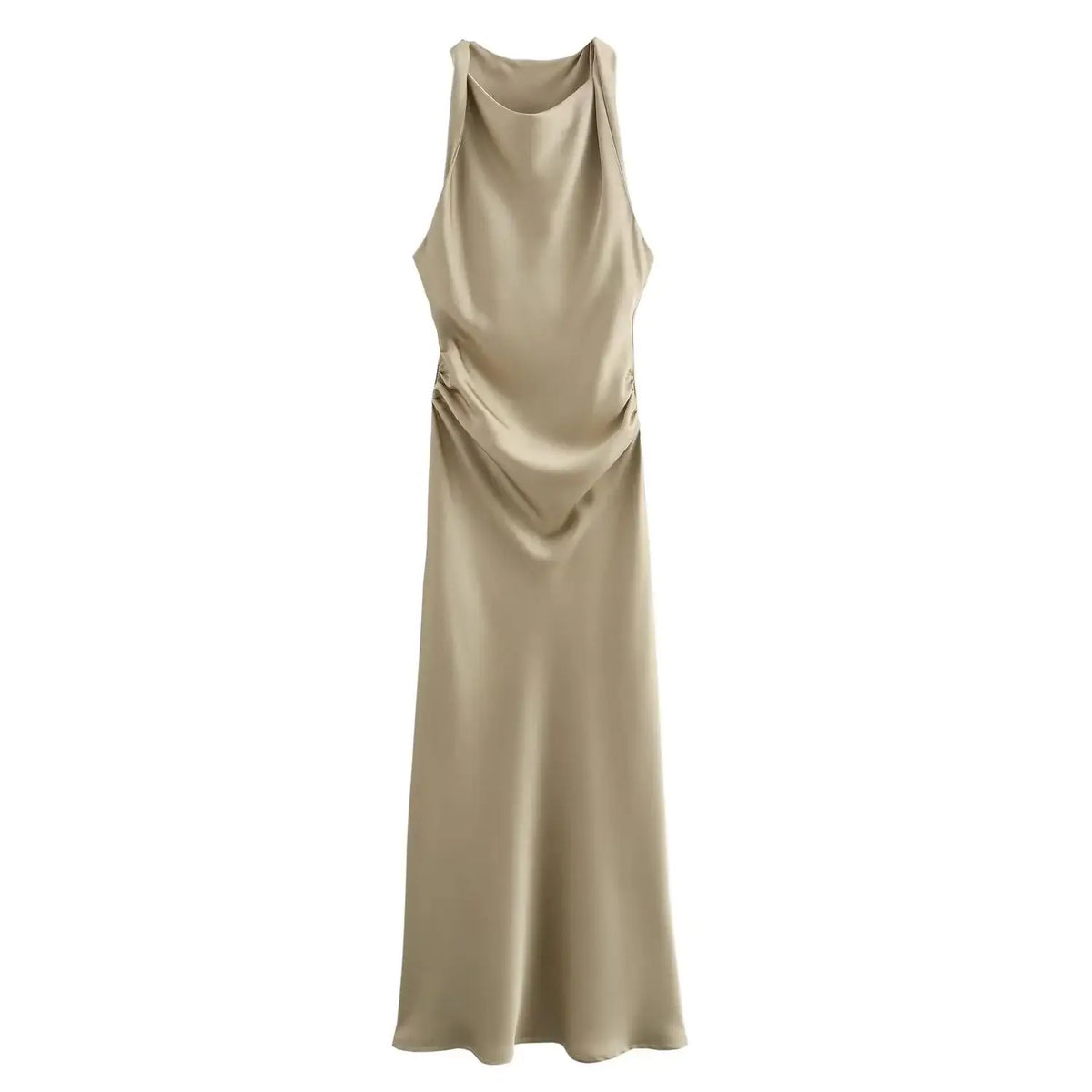 Signature Satin Cowl Neck Ruched Maxi Dress in Champagne – view 3