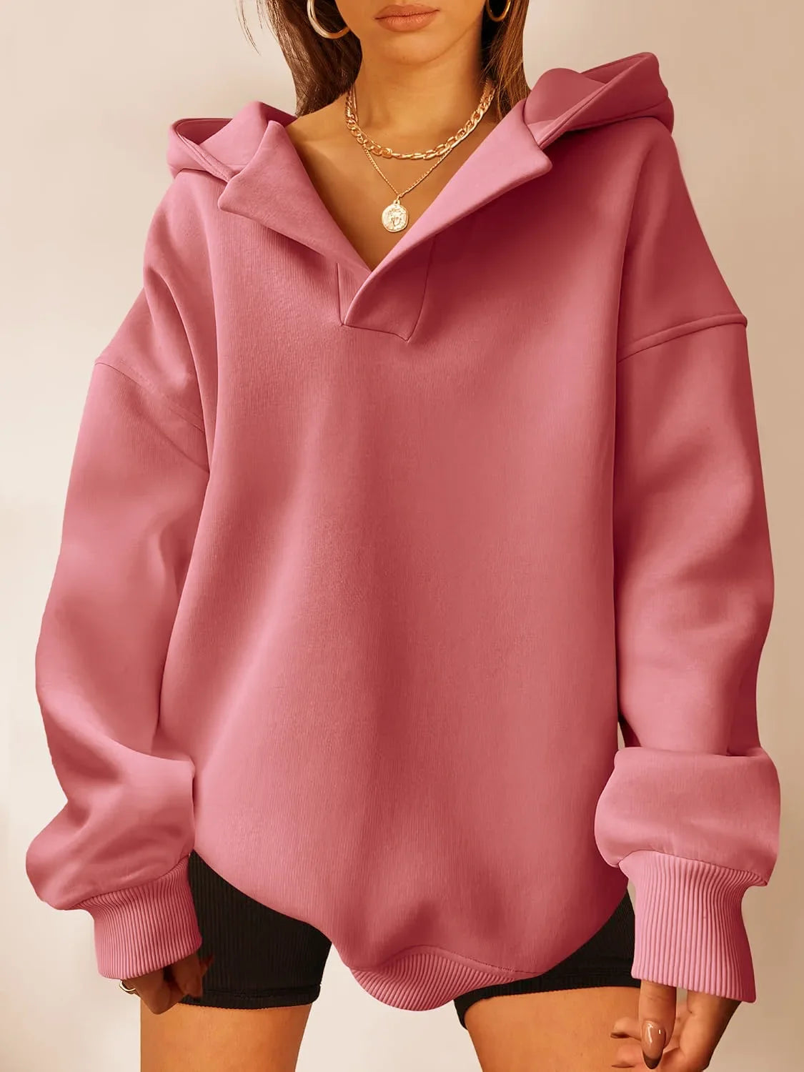 Signature Oversized Notch Neck Fleece Hoodie in Dusty Rose – view 5