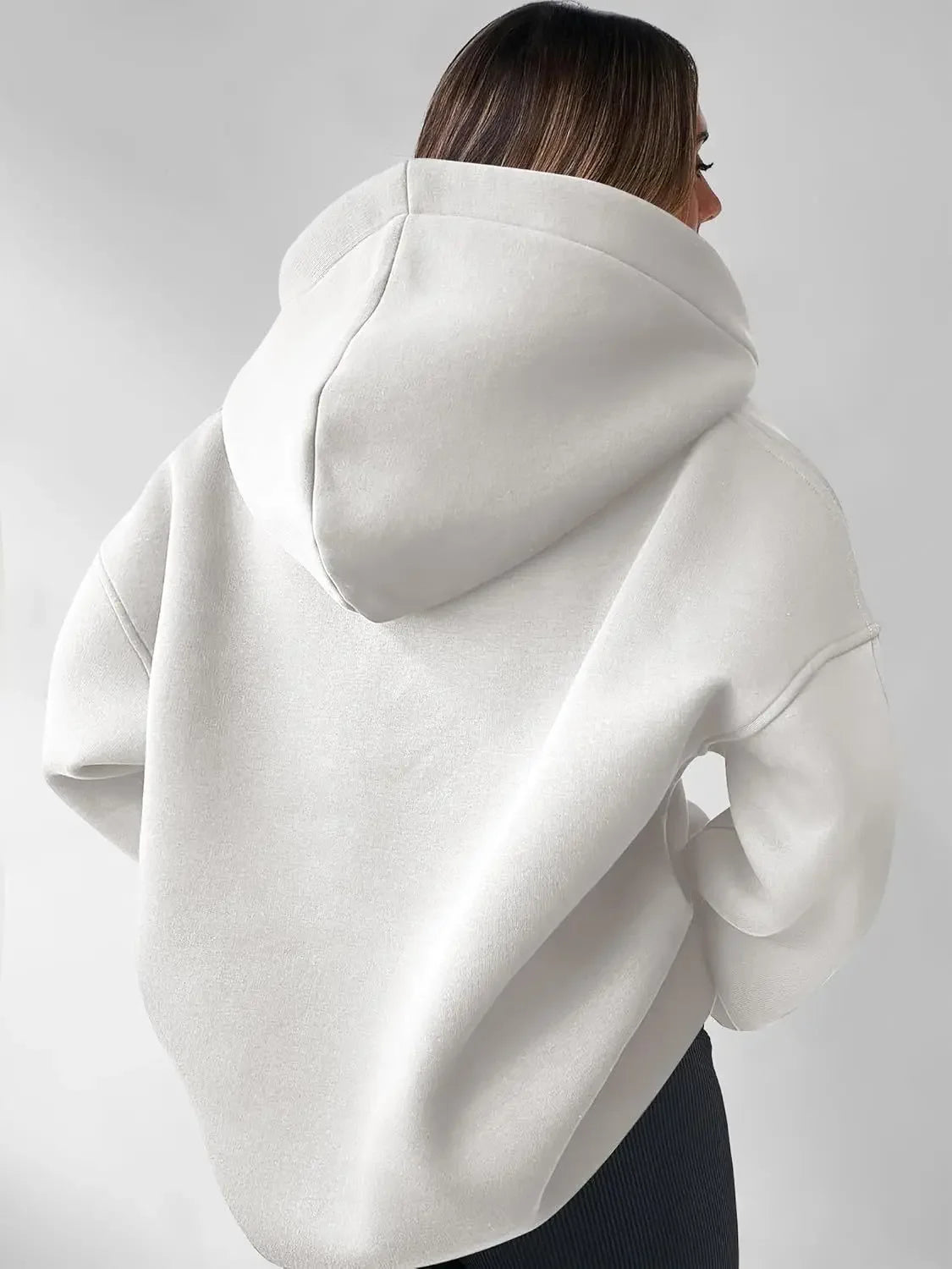 Signature Oversized Notch Neck Fleece Hoodie in Off-White – view 5