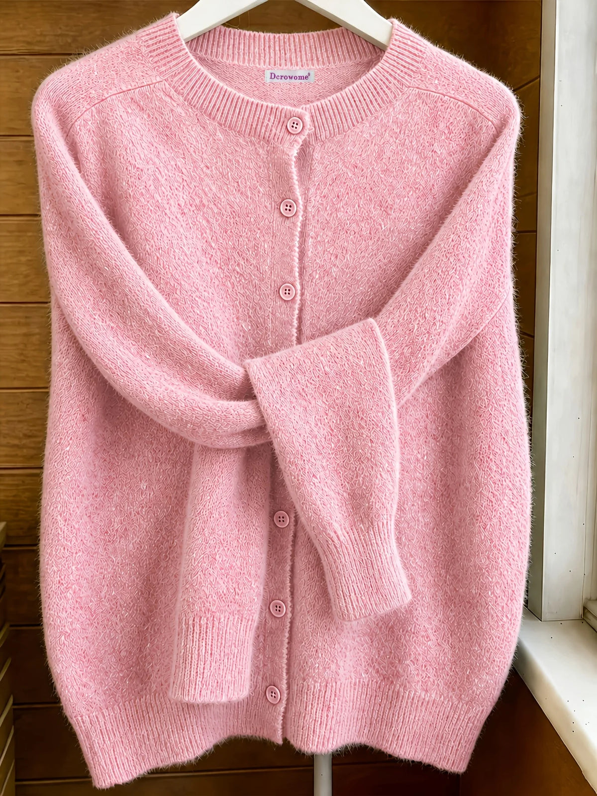 Classic Soft Knit Crew Neck Button Cardigan in Pink – view 5