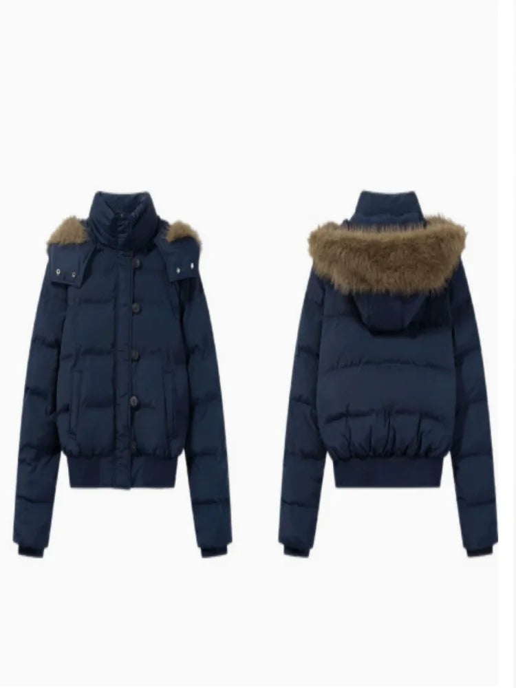 Signature Faux Fur Hood Puffer Jacket in Navy