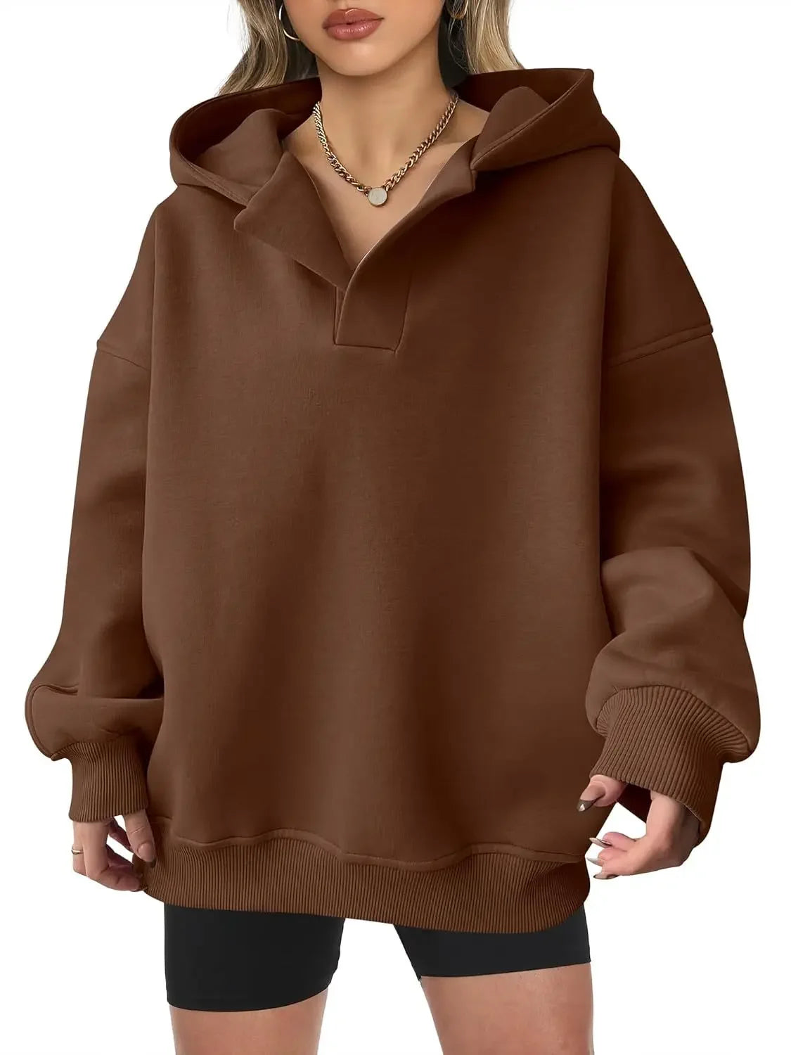 Signature Oversized Notch Neck Fleece Hoodie in Brown – view 6