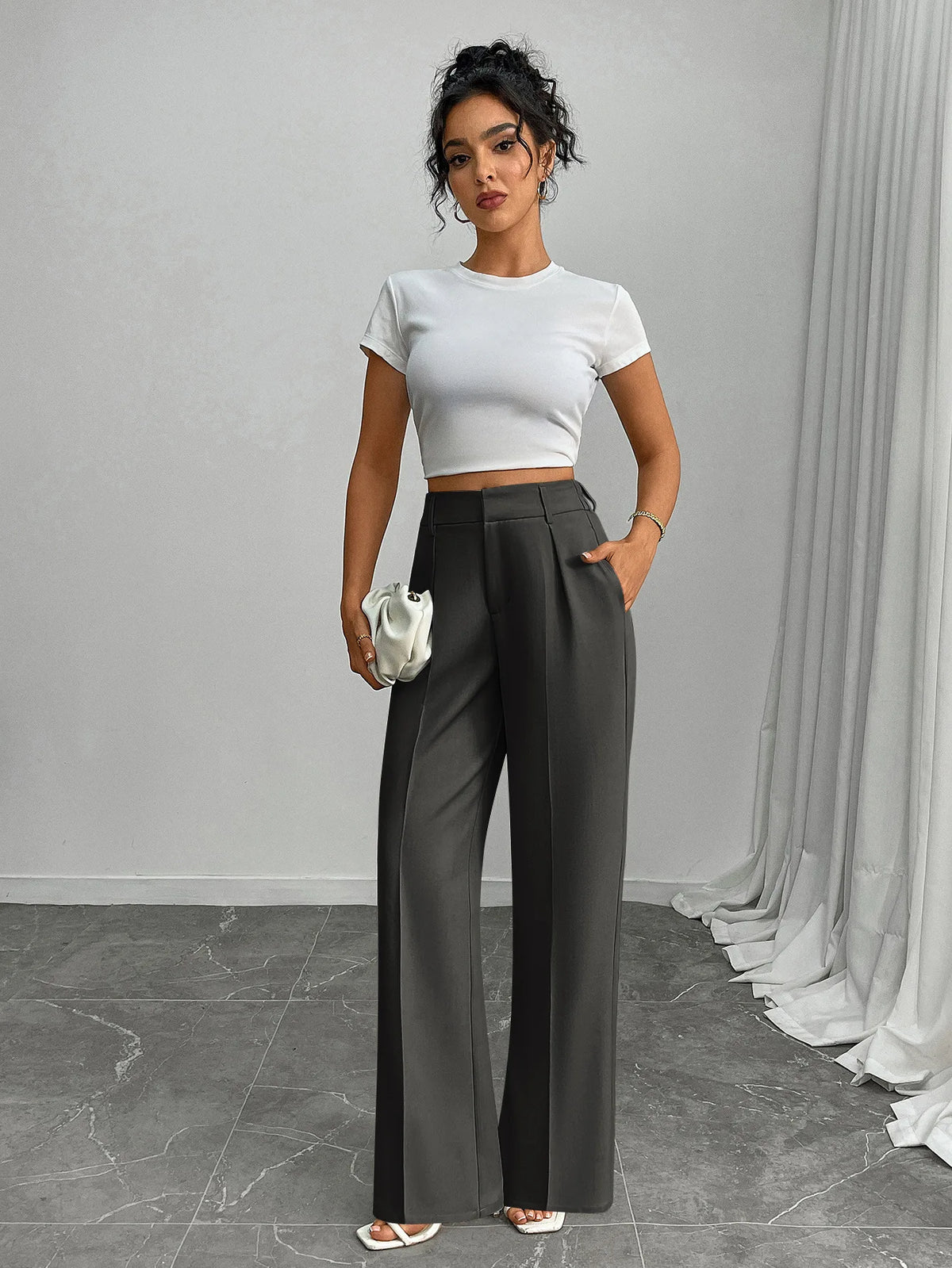 Pleat-Front Palazzo Trousers in Charcoal – view 7
