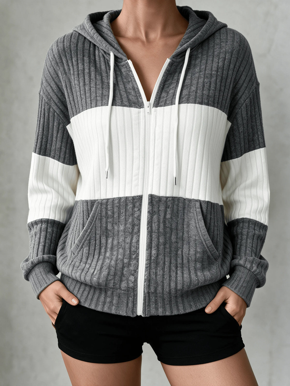 Essential Color-Block Zip-Up Knit Hoodie Cardigan in Grey