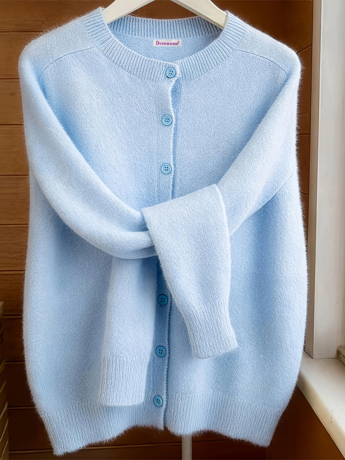 Classic Soft Knit Crew Neck Button Cardigan in Light Blue – view 6