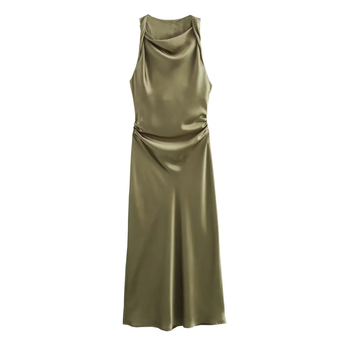 Signature Satin Cowl Neck Ruched Maxi Dress in Olive – view 3