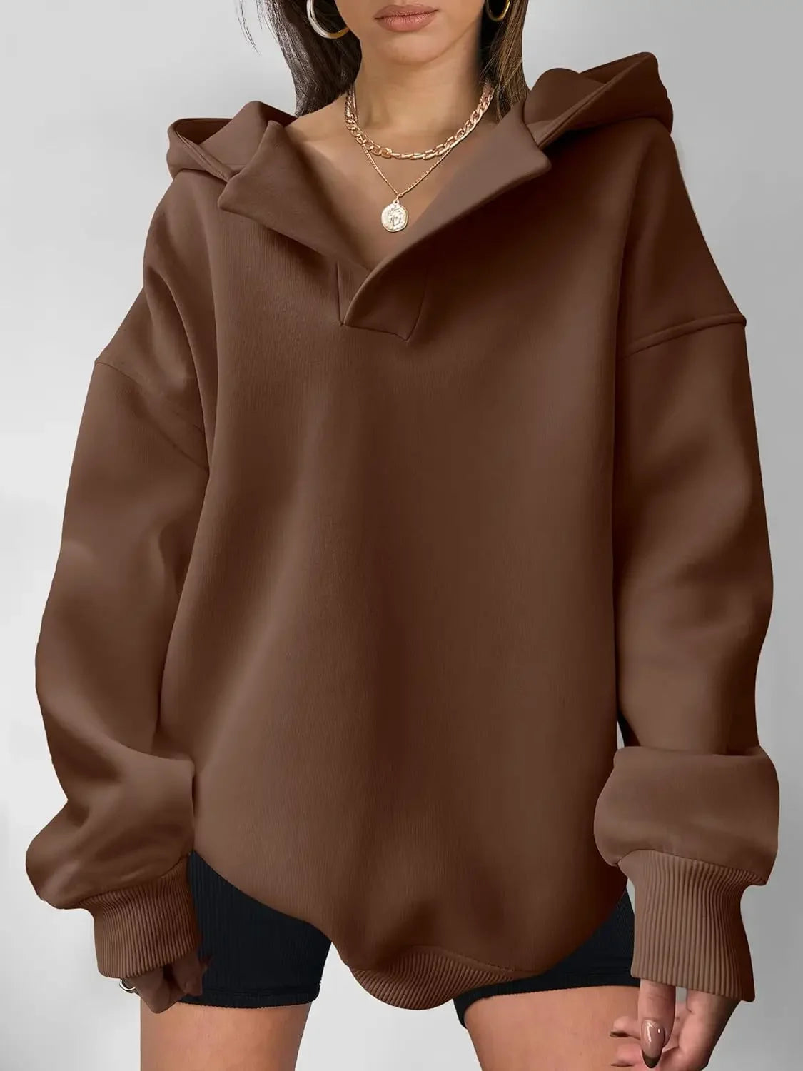 Signature Oversized Notch Neck Fleece Hoodie in Brown – view 8