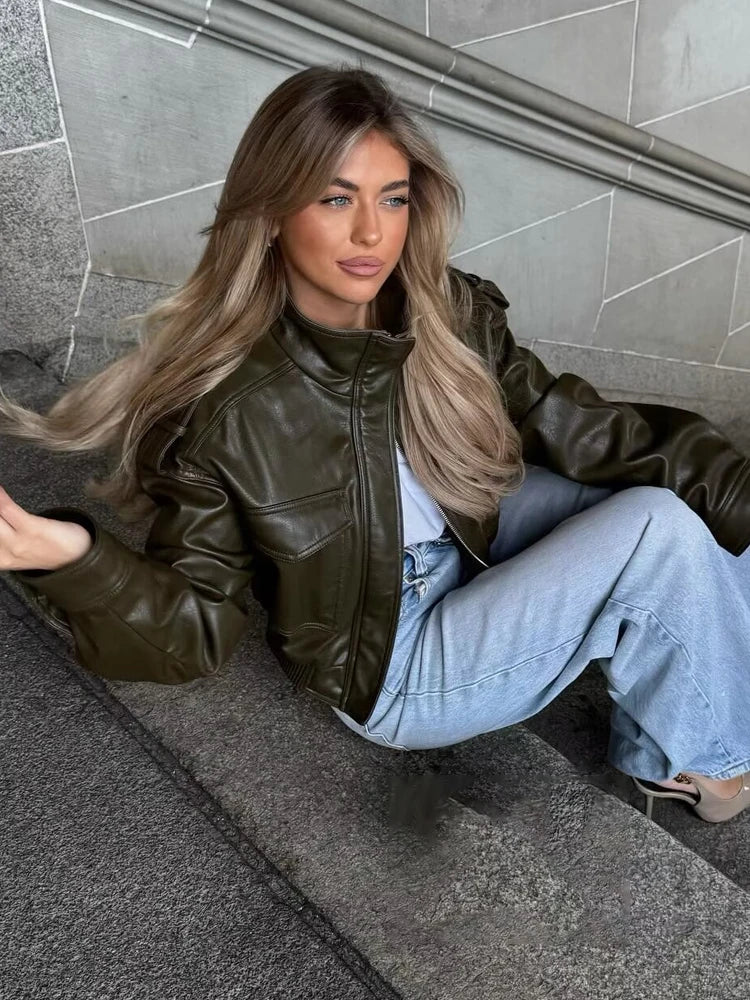 Classic Cropped Faux Leather Utility Jacket – view 4