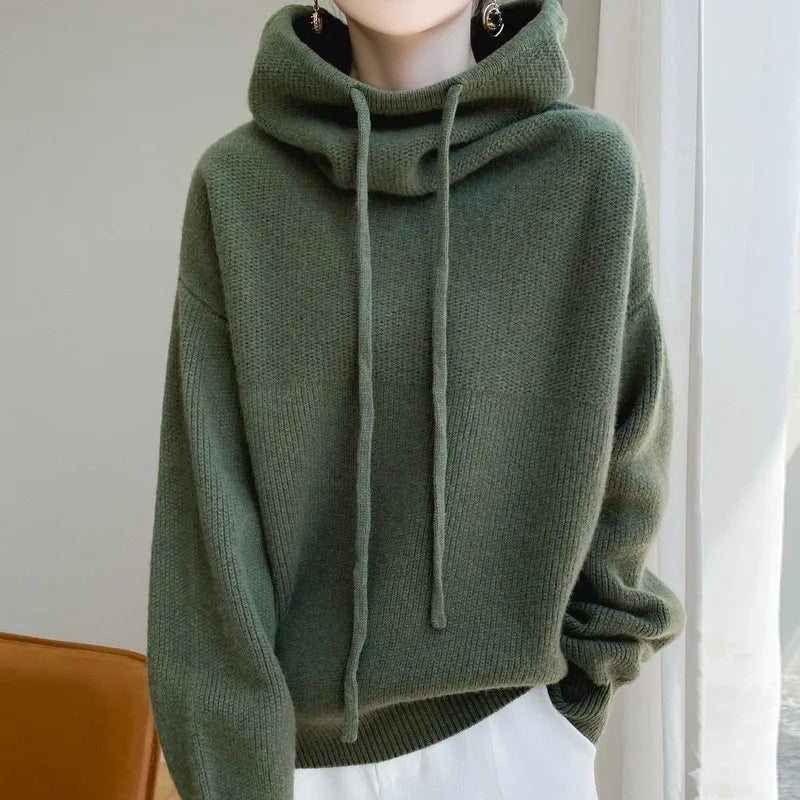 Signature Chunky Knit Drawstring Hoodie in Olive