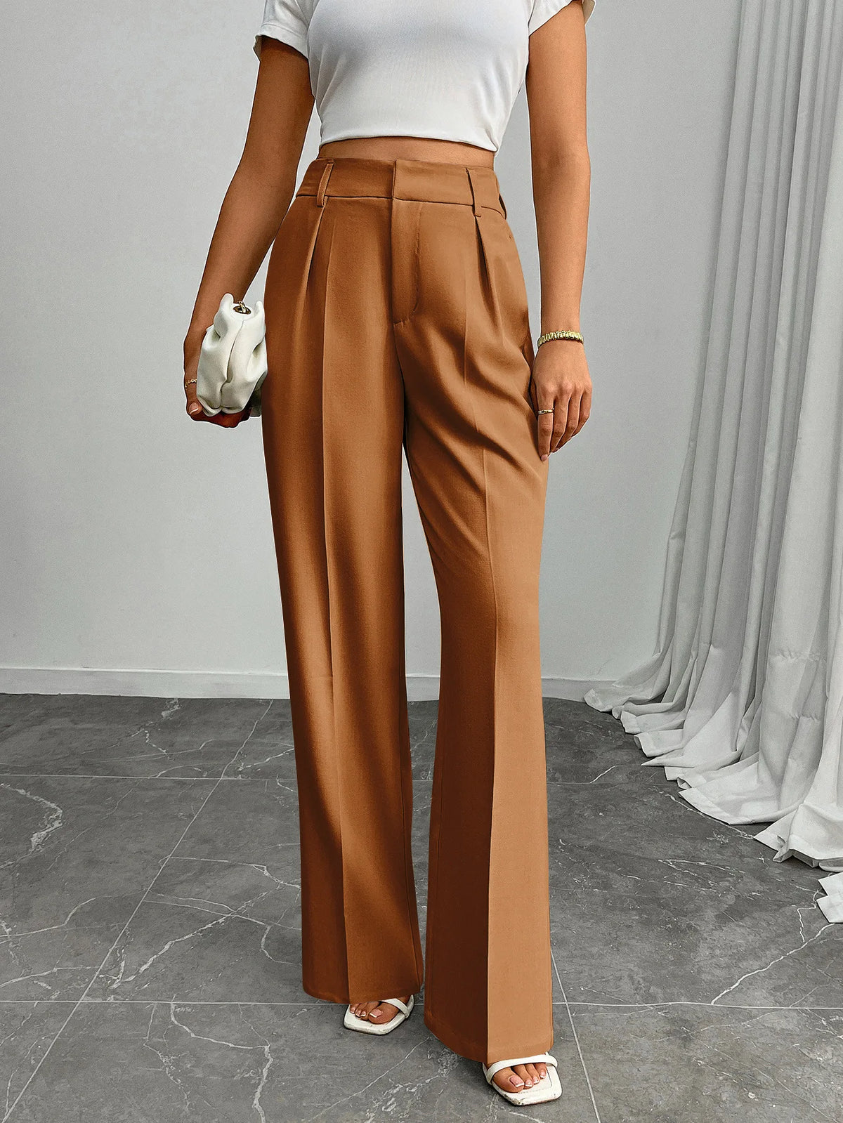 Pleat-Front Palazzo Trousers in Caramel – view 2