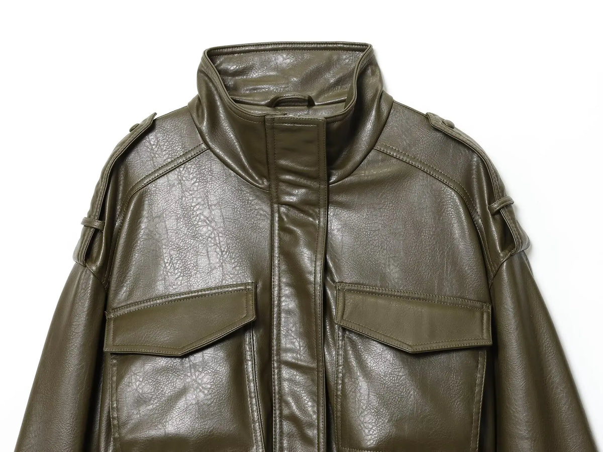 Classic Cropped Faux Leather Utility Jacket – view 15
