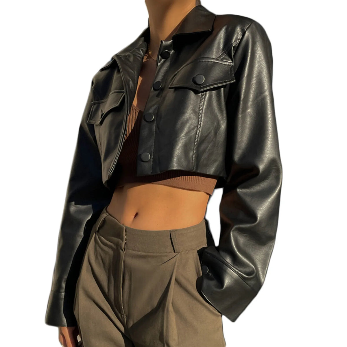 Essential Cropped Faux Leather Button-Up Jacket – view 4