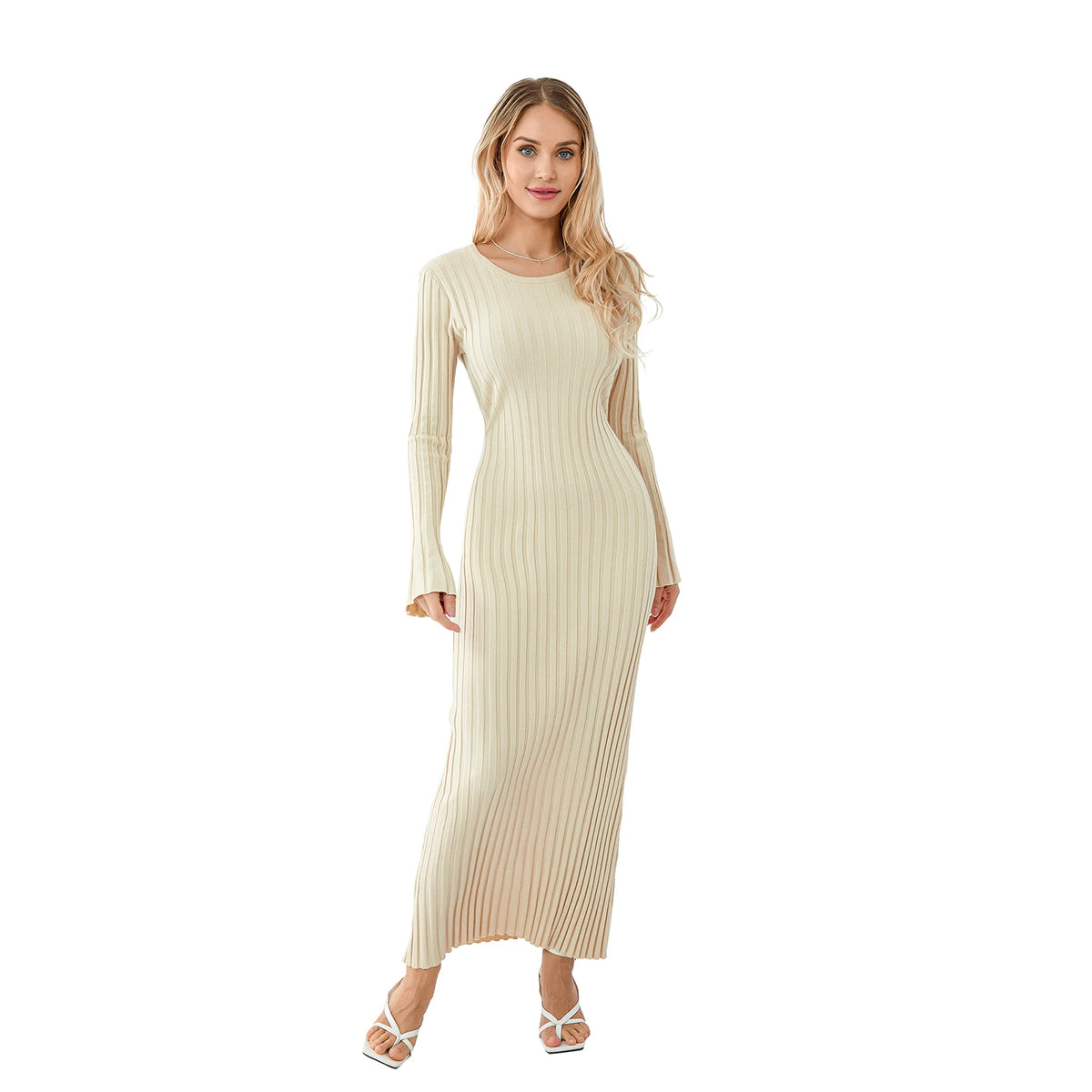 Classic Ribbed Knit Lace-Up Back Maxi Dress in Cream