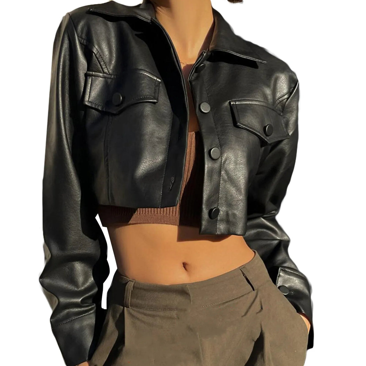 Essential Cropped Faux Leather Button-Up Jacket – view 12