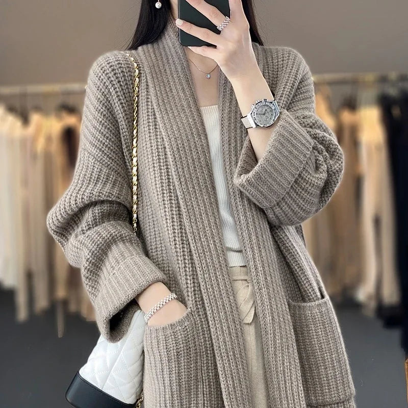 Classic Oversized Ribbed Knit Long Cardigan – view 12