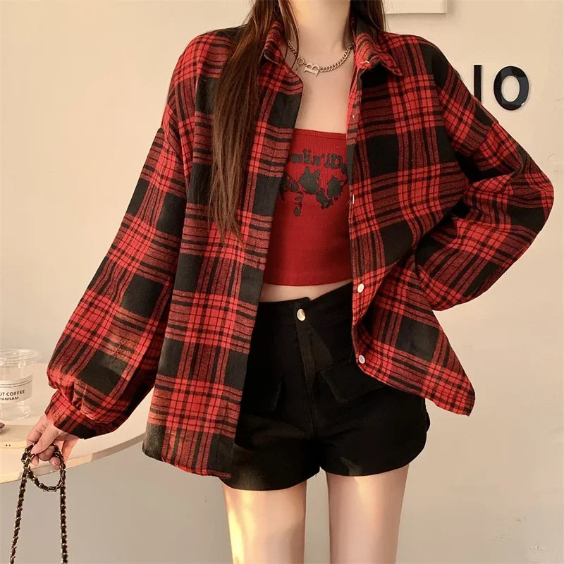 Essential Oversized Plaid Flannel Shirt in Red Plaid