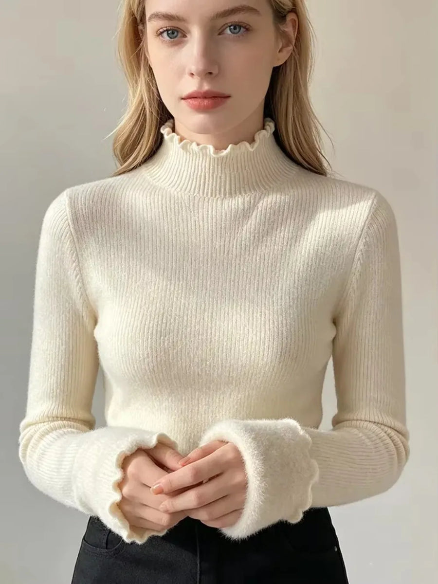 Essential Ruffle Mock Neck Fleece-Lined Sweater – front view