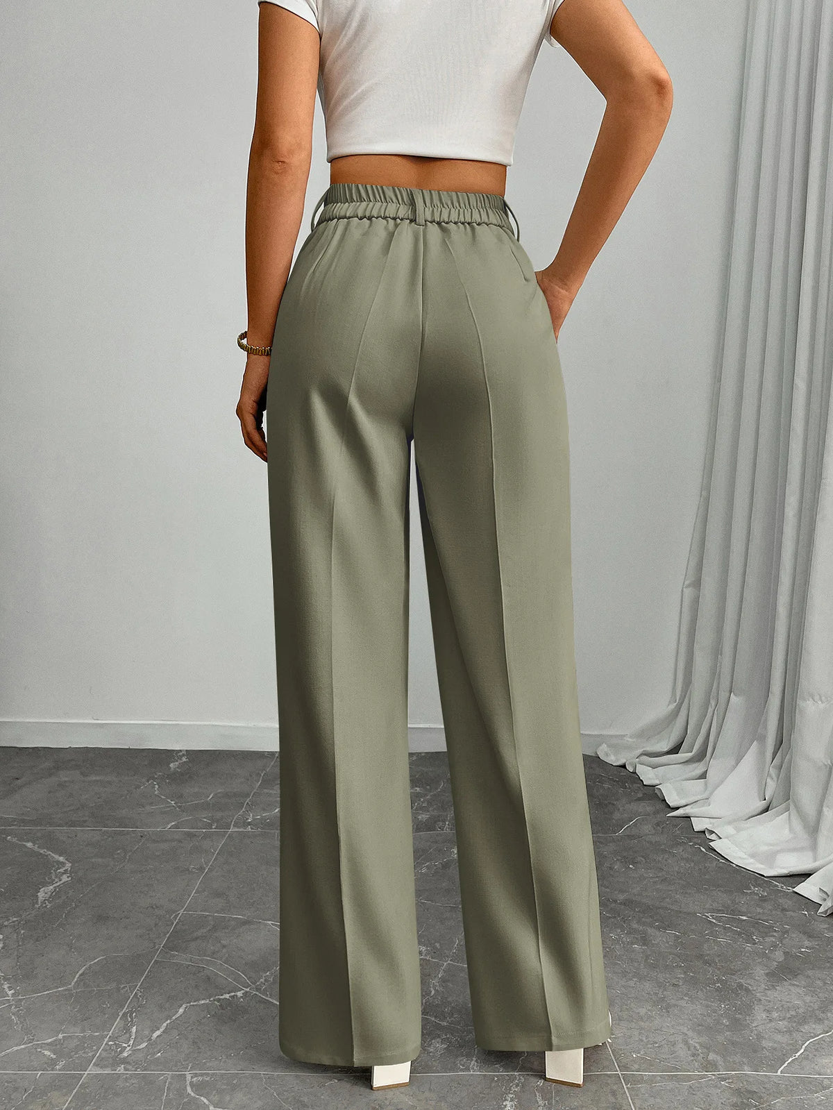 Pleat-Front Palazzo Trousers in Olive – view 3