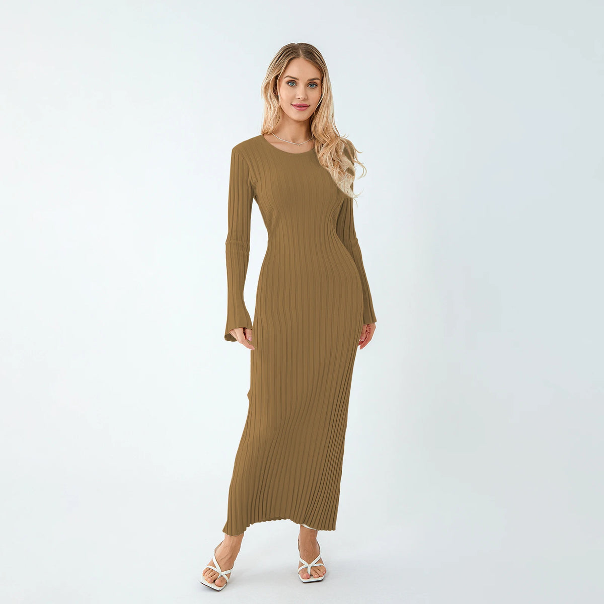 Classic Ribbed Knit Lace-Up Back Maxi Dress in Khaki