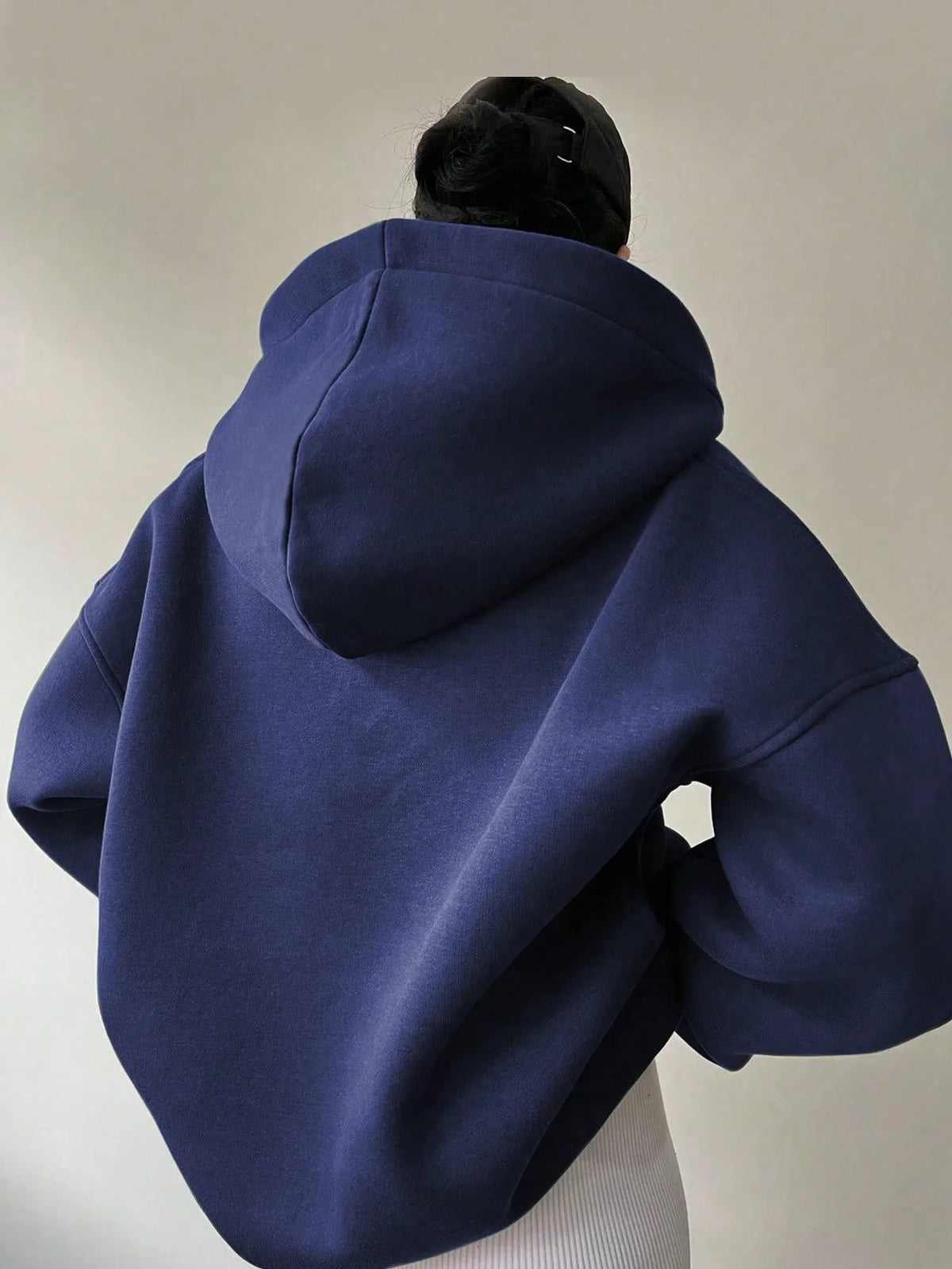 Signature Oversized Notch Neck Fleece Hoodie in Navy – view 3