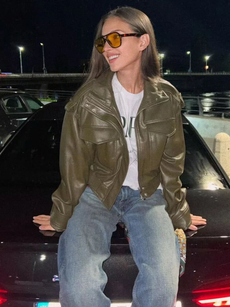 Classic Cropped Faux Leather Utility Jacket – view 2