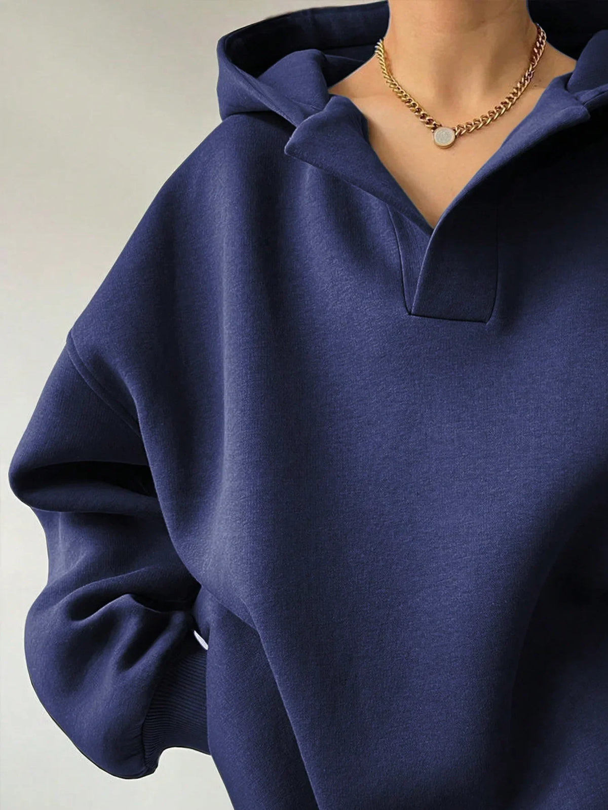 Signature Oversized Notch Neck Fleece Hoodie in Navy – view 2