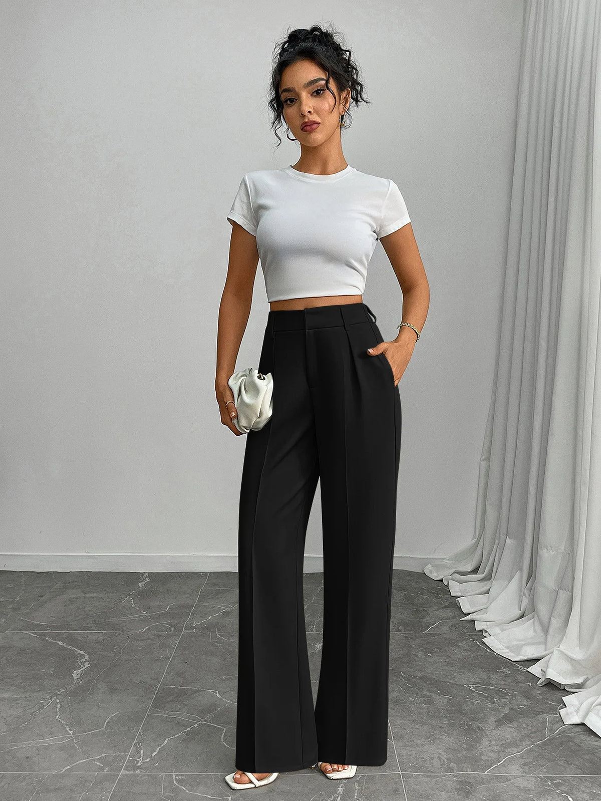 Pleat-Front Palazzo Trousers in Black – view 6
