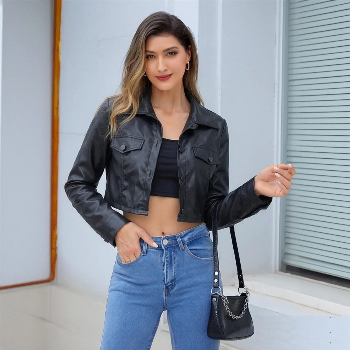 Essential Cropped Faux Leather Button-Up Jacket – view 5