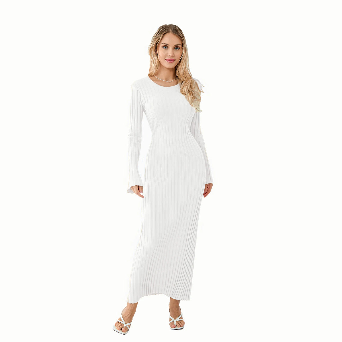 Classic Ribbed Knit Lace-Up Back Maxi Dress in White