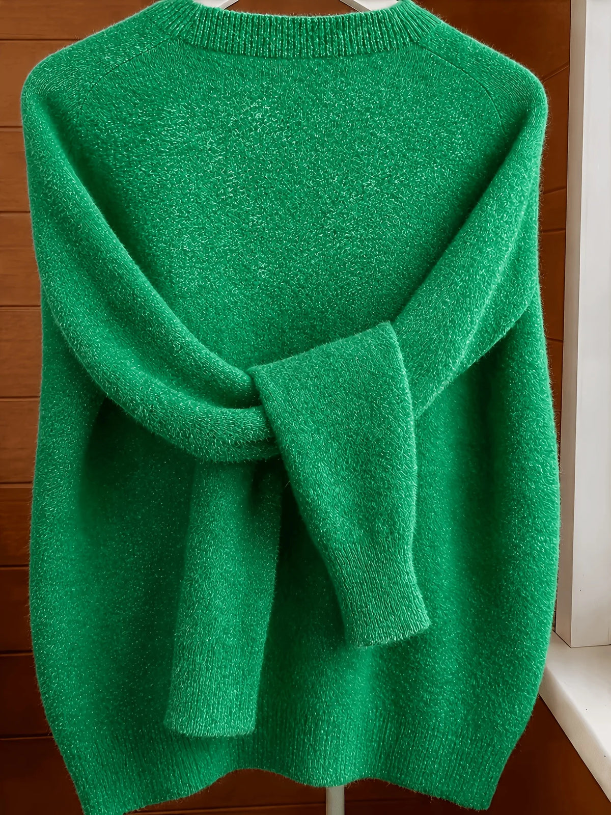 Classic Soft Knit Crew Neck Button Cardigan in Green – view 3