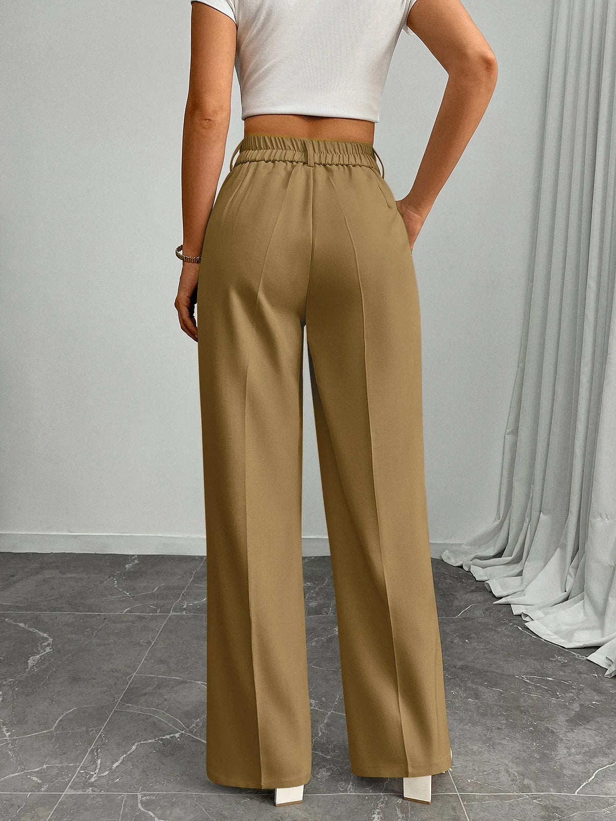 Pleat-Front Palazzo Trousers in Khaki – view 3