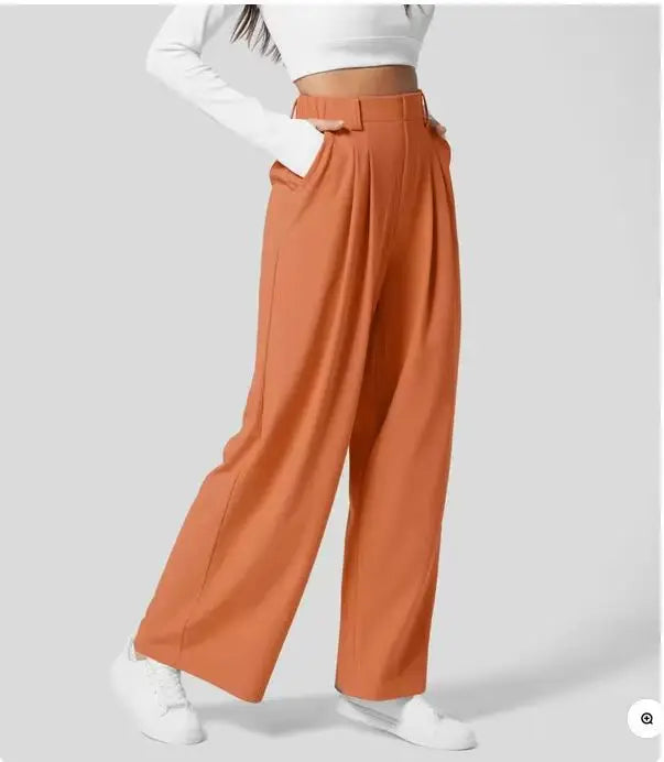 Classic Pleated High Waist Wide Leg Trousers in Orange