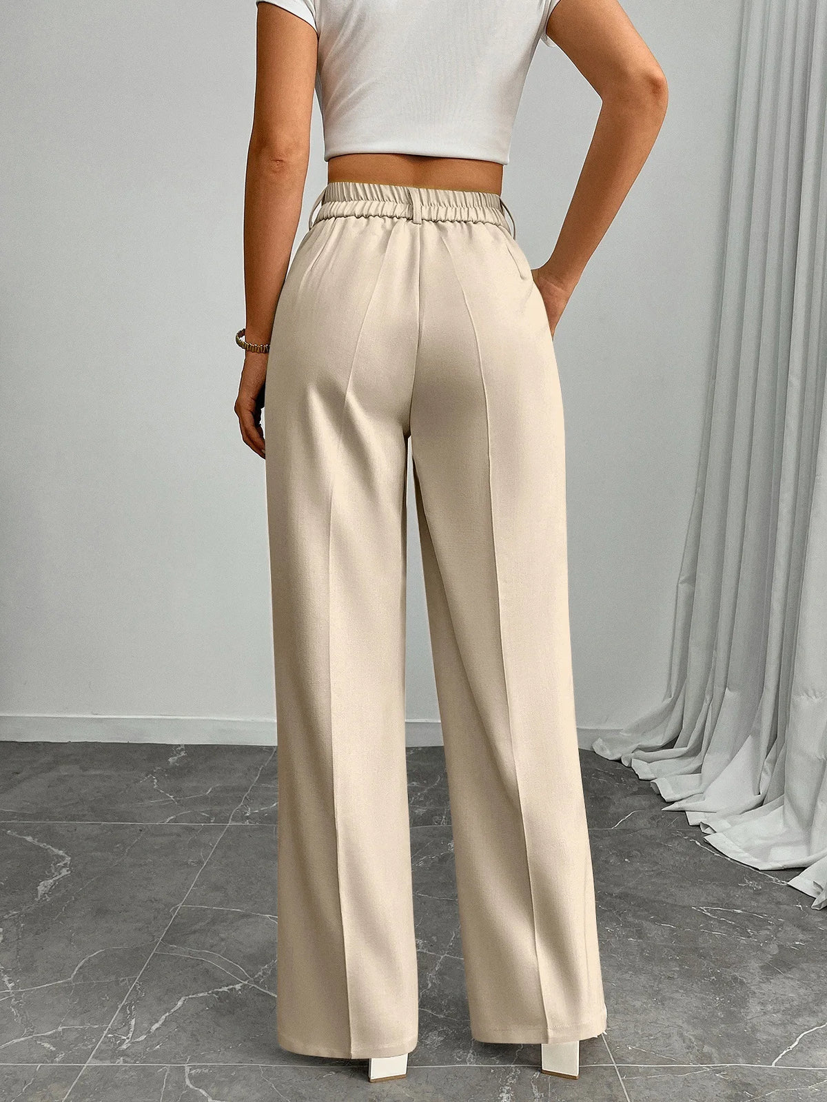 Pleat-Front Palazzo Trousers in Cream – view 3