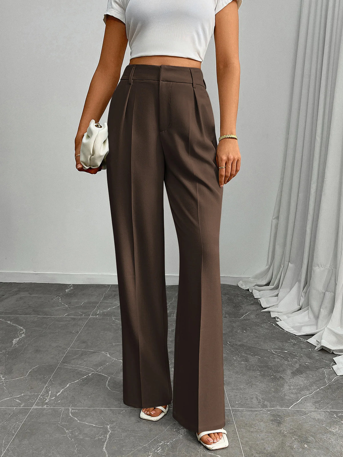 Pleat-Front Palazzo Trousers in Espresso – view 2