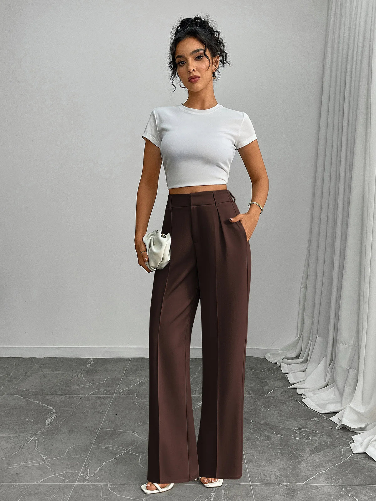 Pleat-Front Palazzo Trousers in Chocolate – view 7