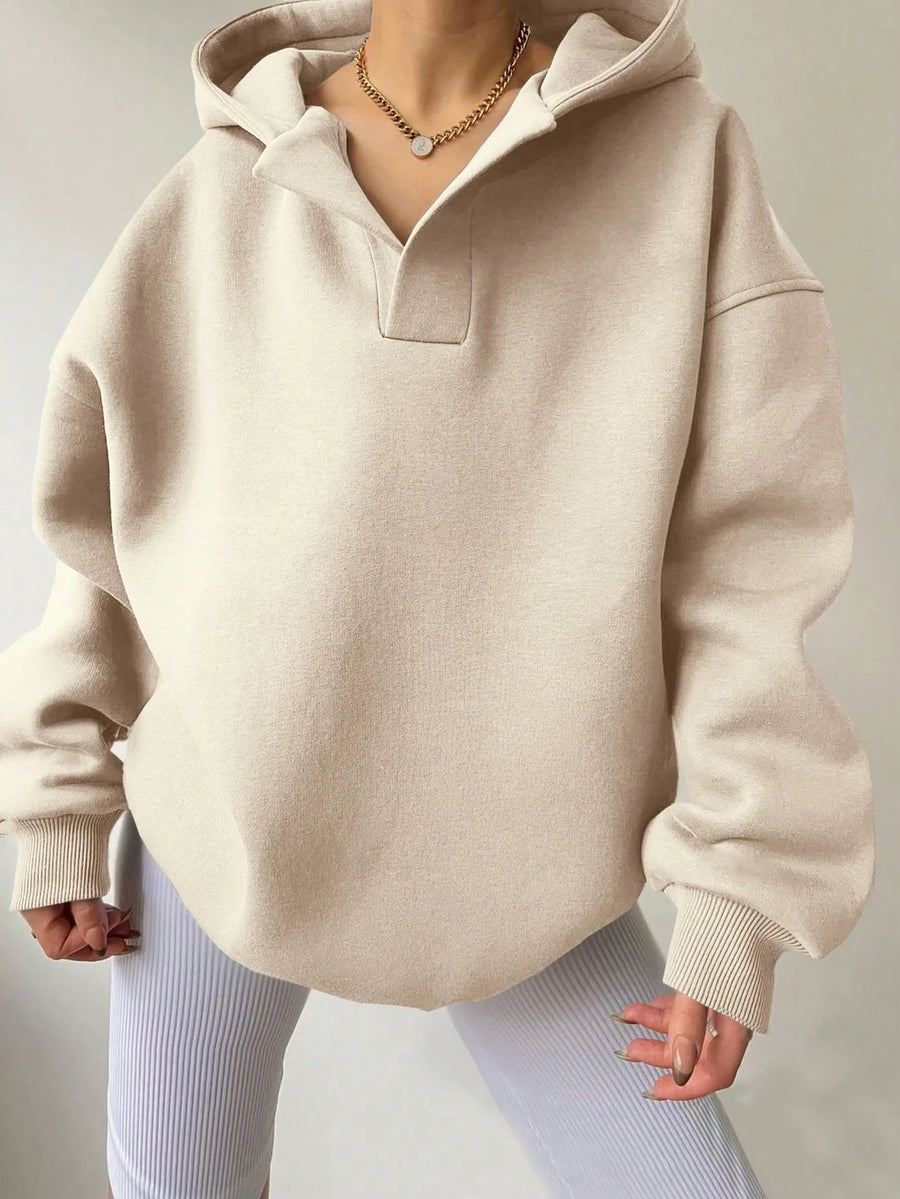 Signature Oversized Notch Neck Fleece Hoodie in Off-White