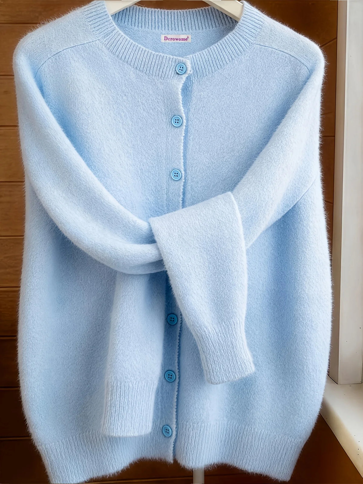 Classic Soft Knit Crew Neck Button Cardigan in Light Blue – view 2