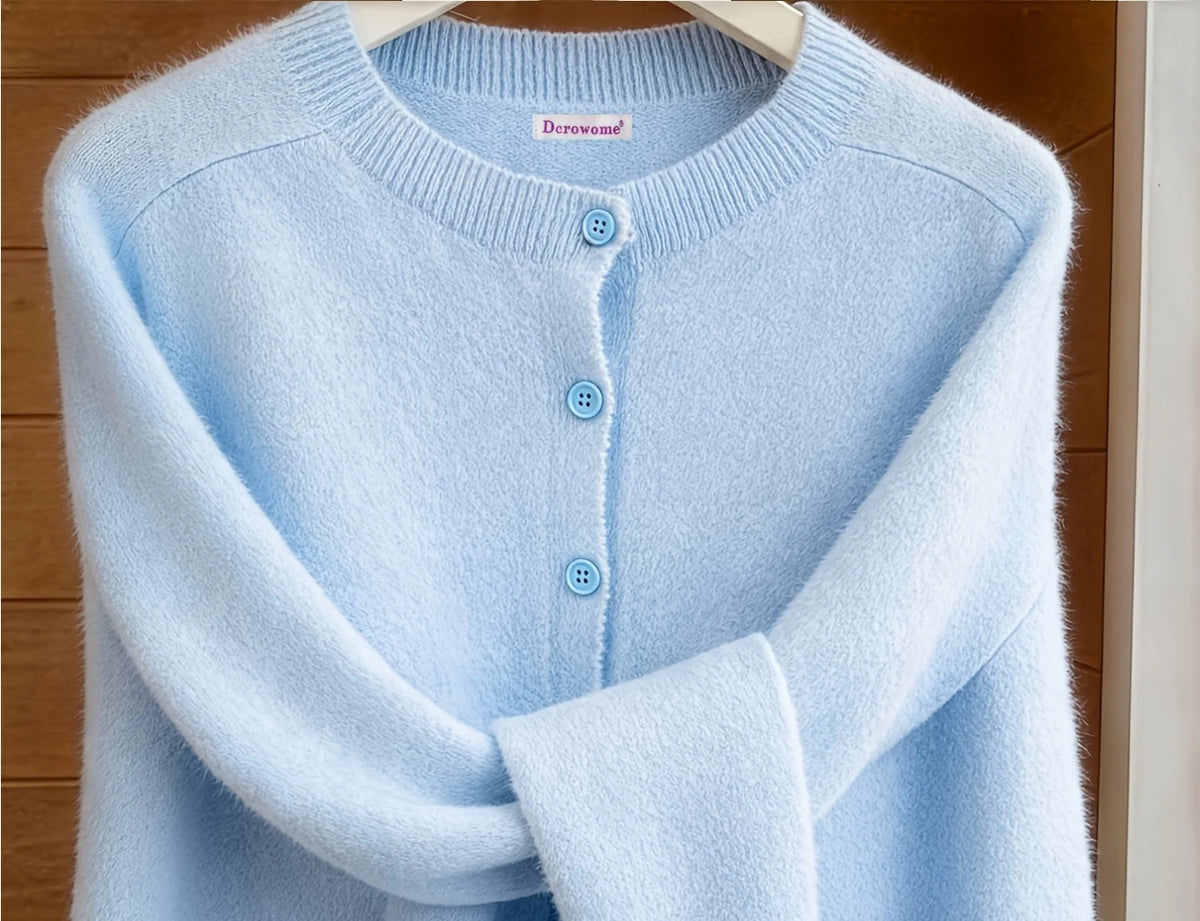 Classic Soft Knit Crew Neck Button Cardigan in Light Blue – view 5