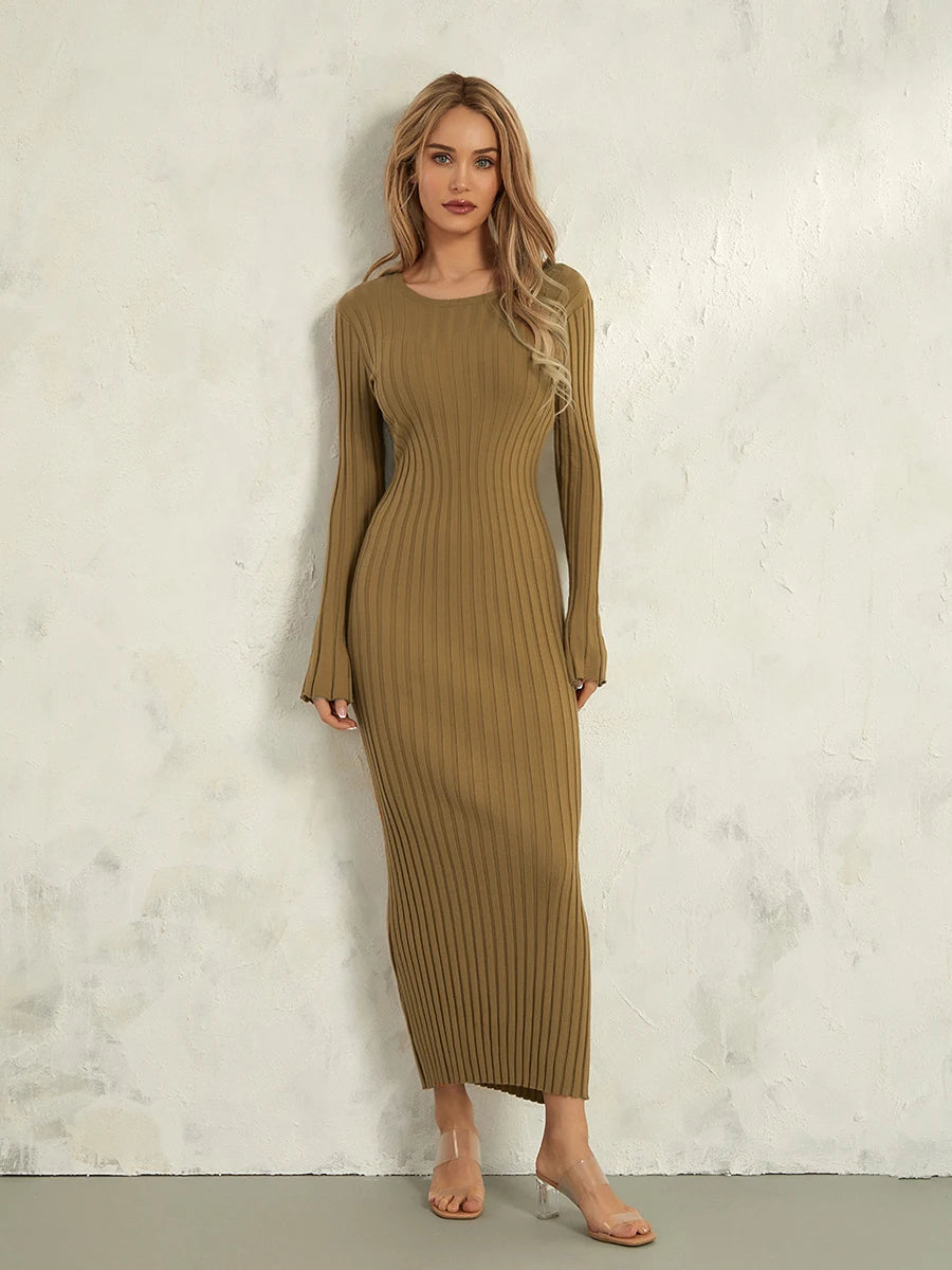 Classic Ribbed Knit Lace-Up Back Maxi Dress – view 31