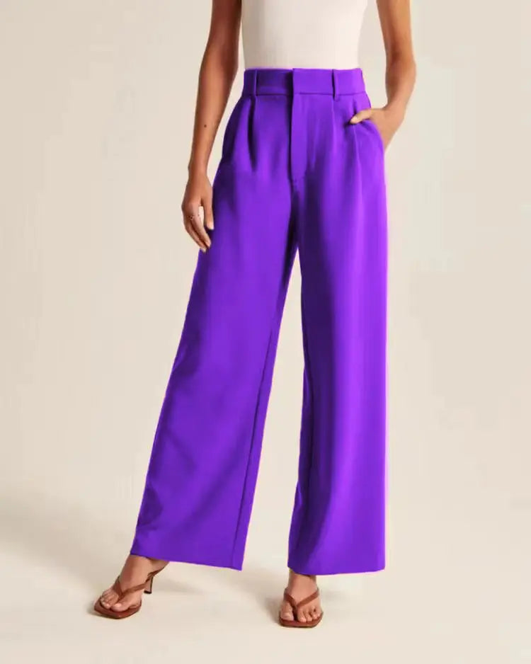 Classic Pleated High Waist Wide Leg Trousers in Purple
