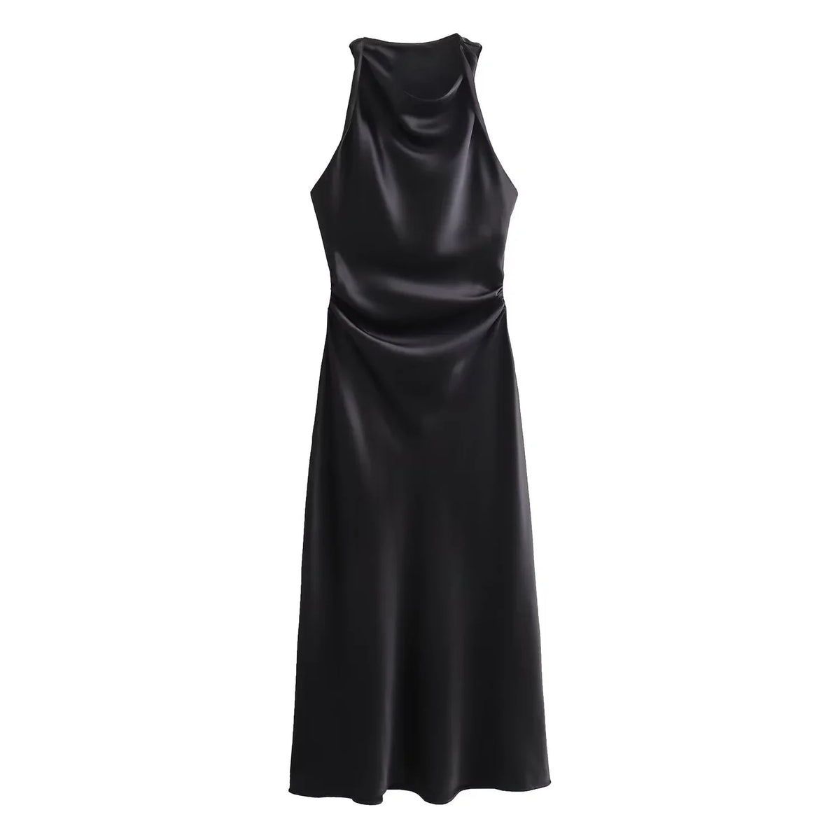 Signature Satin Cowl Neck Ruched Maxi Dress in Black